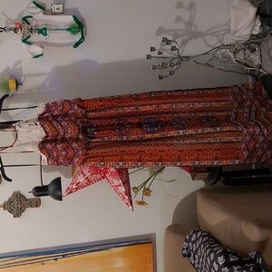 Beautiful orange and blue patterned maxi dress with crochet top